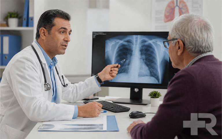 پزشک در حال توضیح درمان عفونت ریه با استفاده از تصویر قفسه سینه